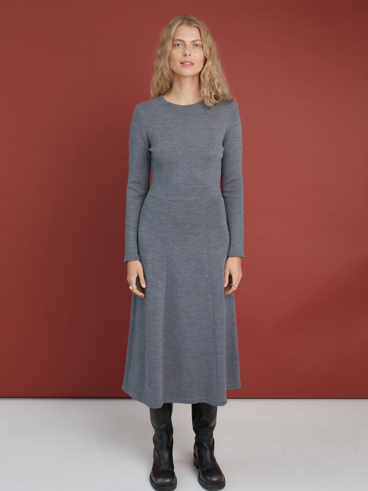 A-line knitted midi merino wool dress