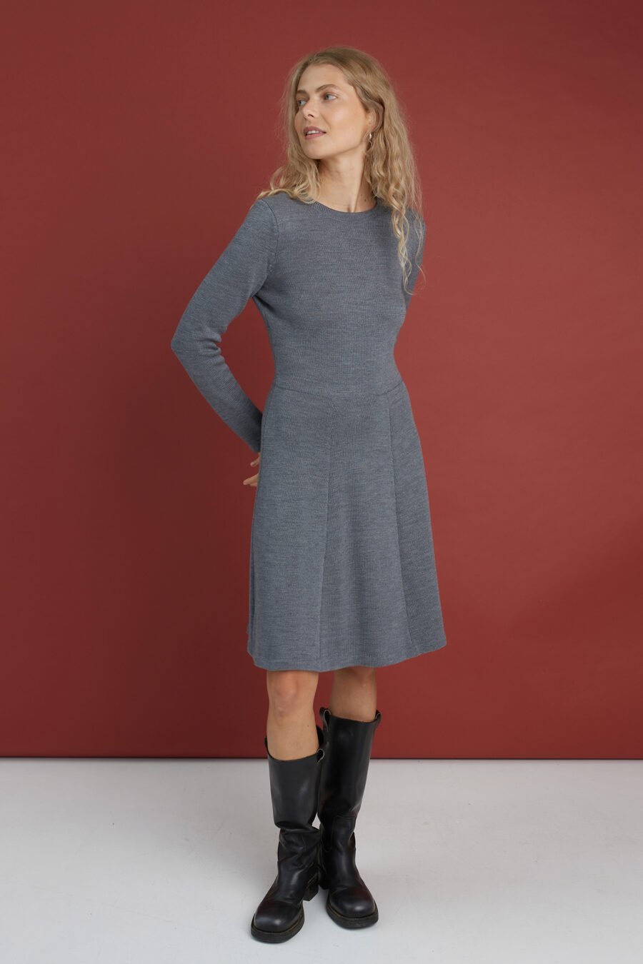 Flared knitted merino wool dress