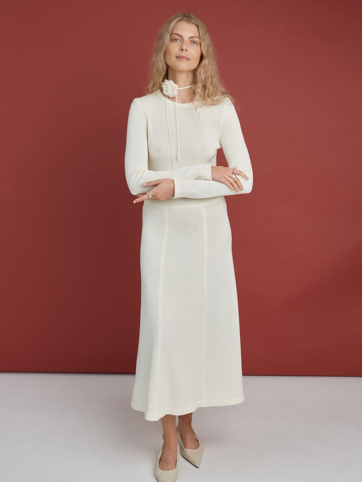 Knitted Merino Wool A-line Midi Dress in Natural White