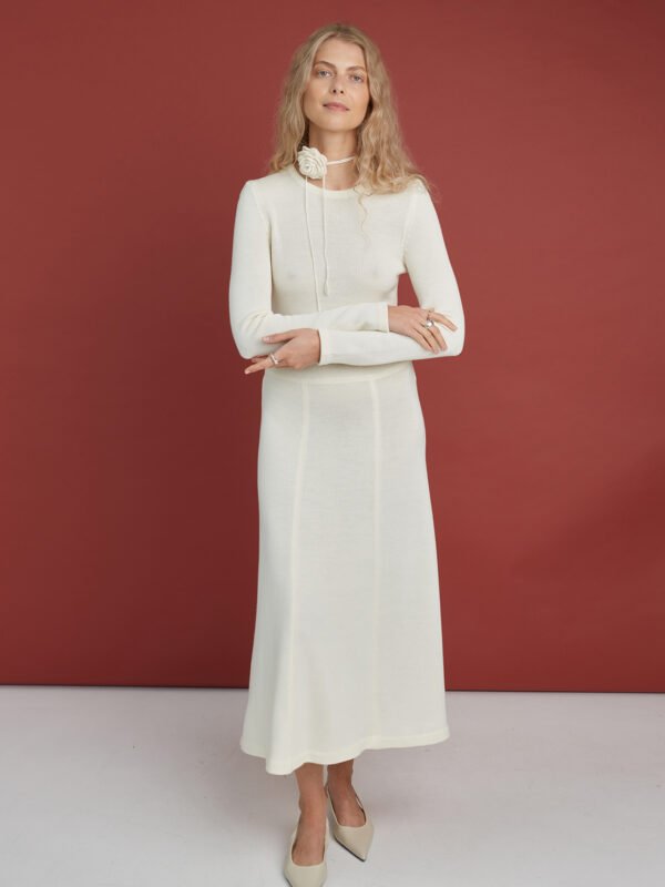 Knitted Merino Wool A-line Midi Dress in Natural White