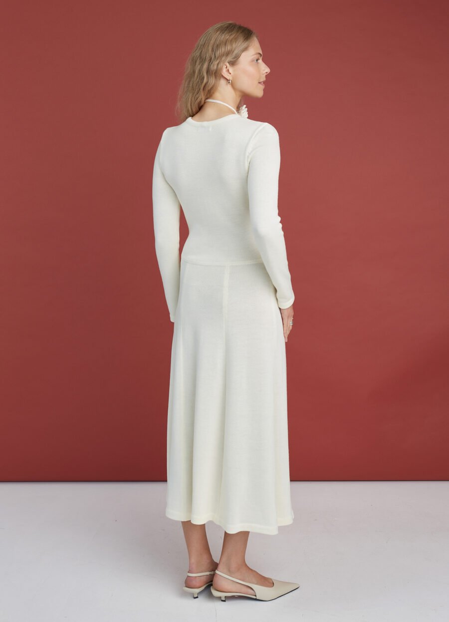 08.26623775 Knitted Merino Wool A-line Midi Dress in Natural White