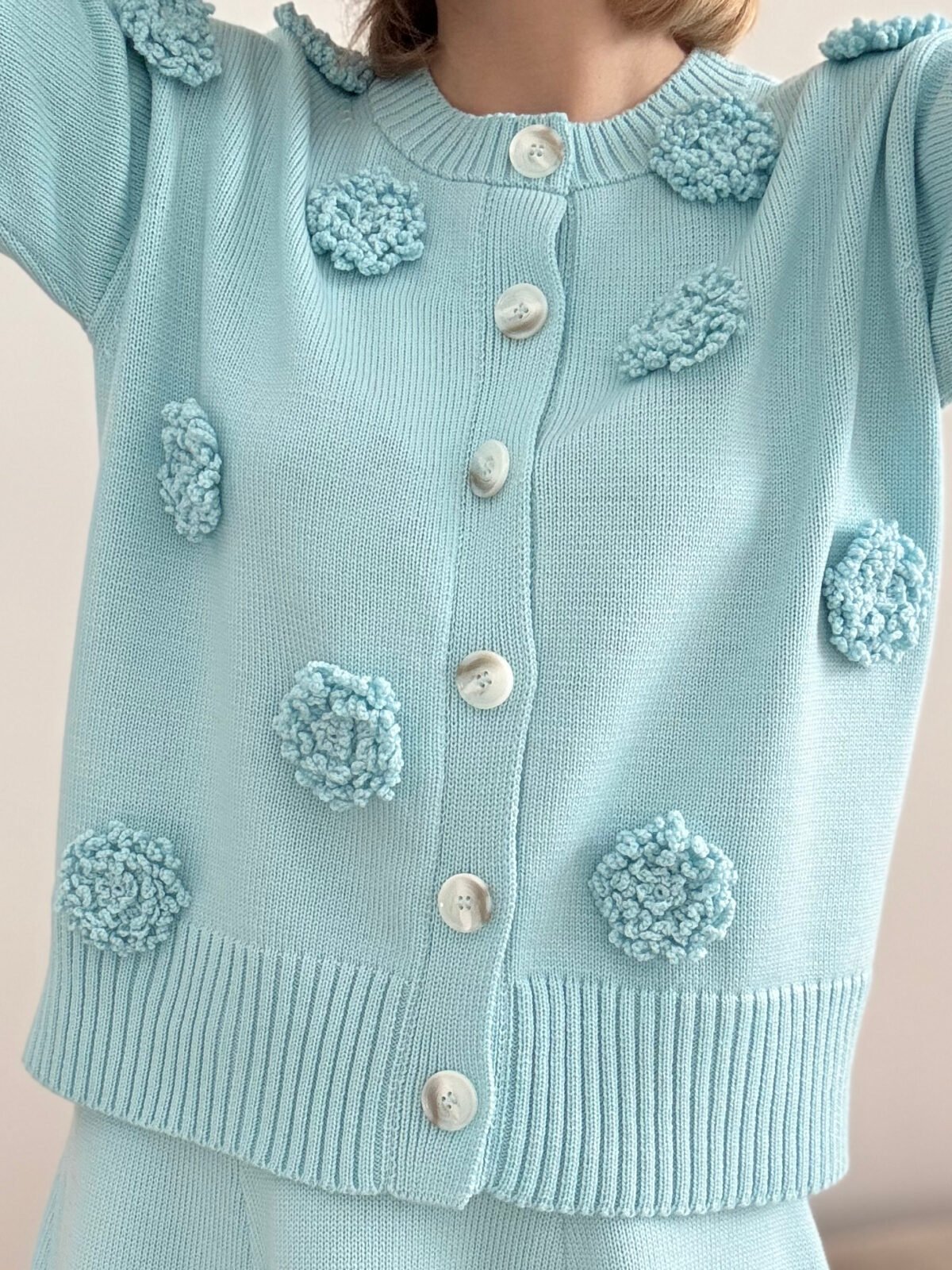 Merino Wool Cardigan with Crochet Flowers