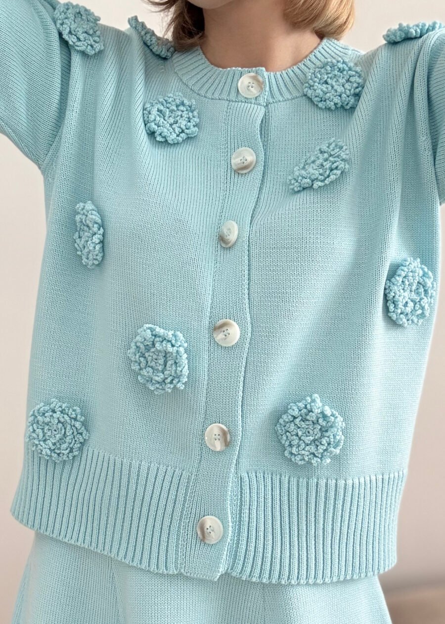 Merino Wool Cardigan with Crochet Flowers