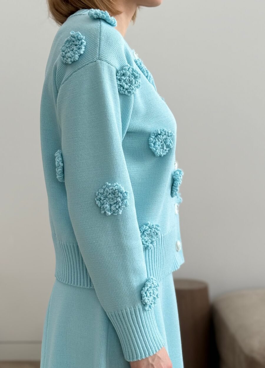 Merino Wool Cardigan with Crochet Flowers