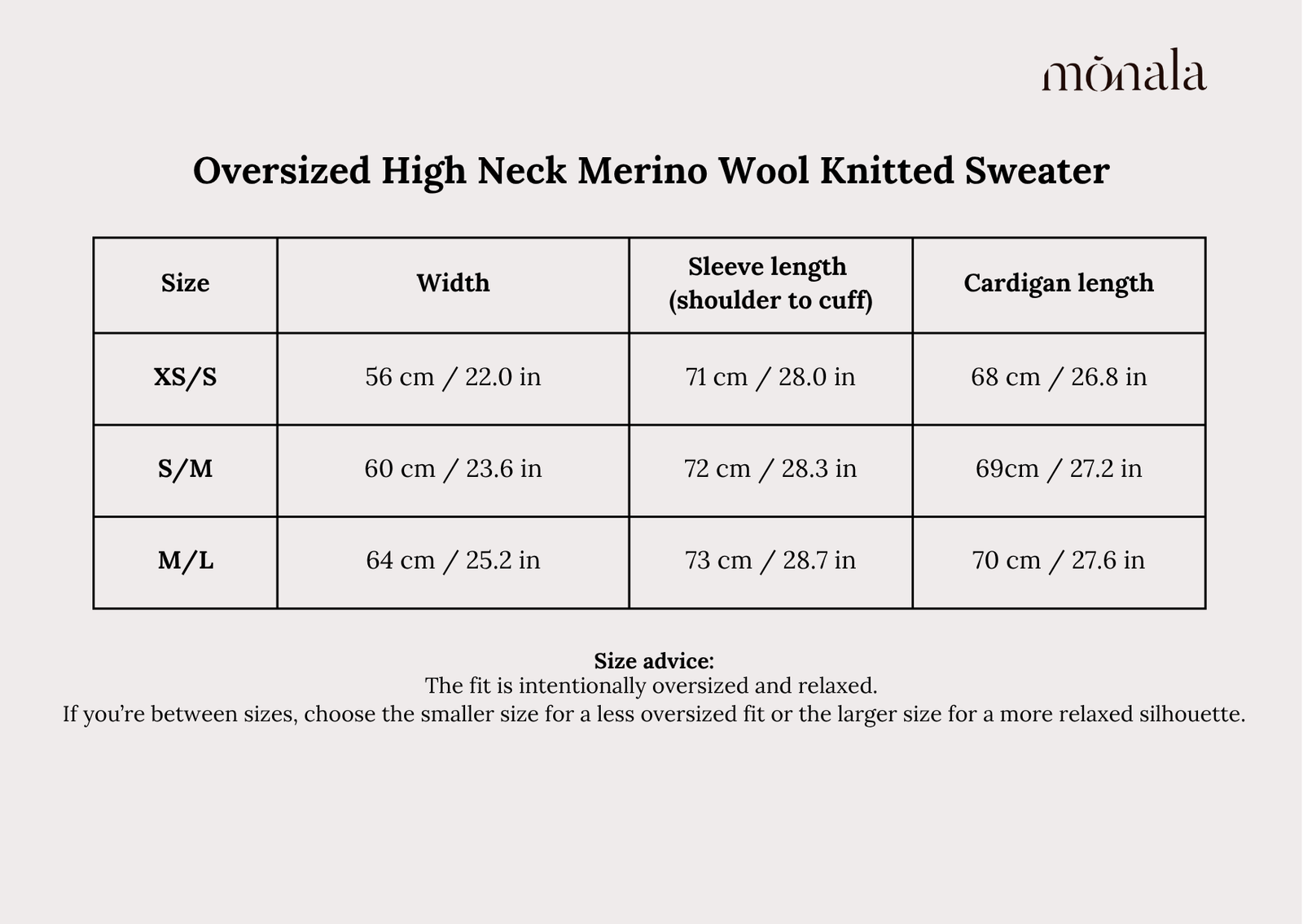 Monala high neck sweater measurement guide