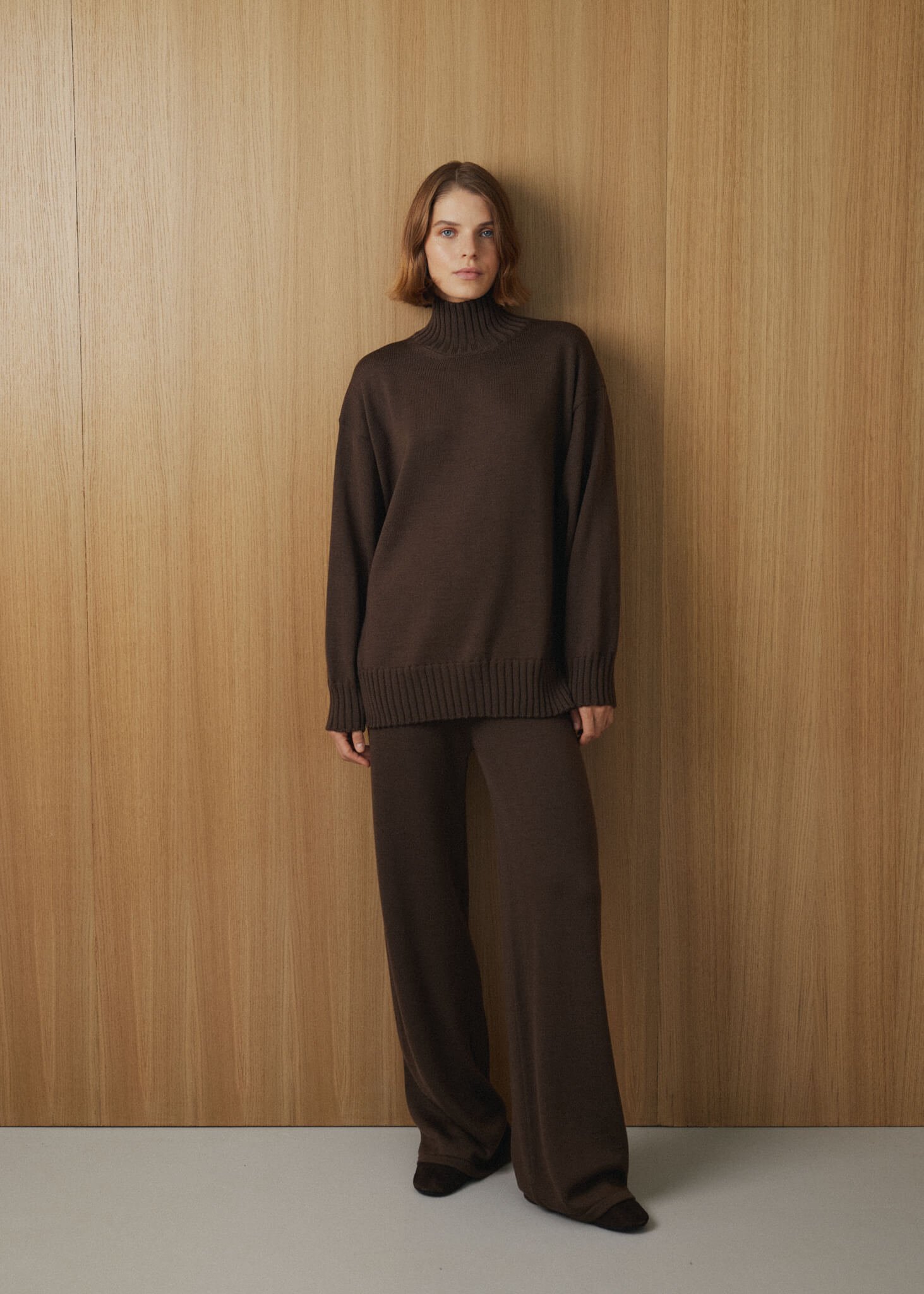 Brown merino wool sweater and wide leg pants set
