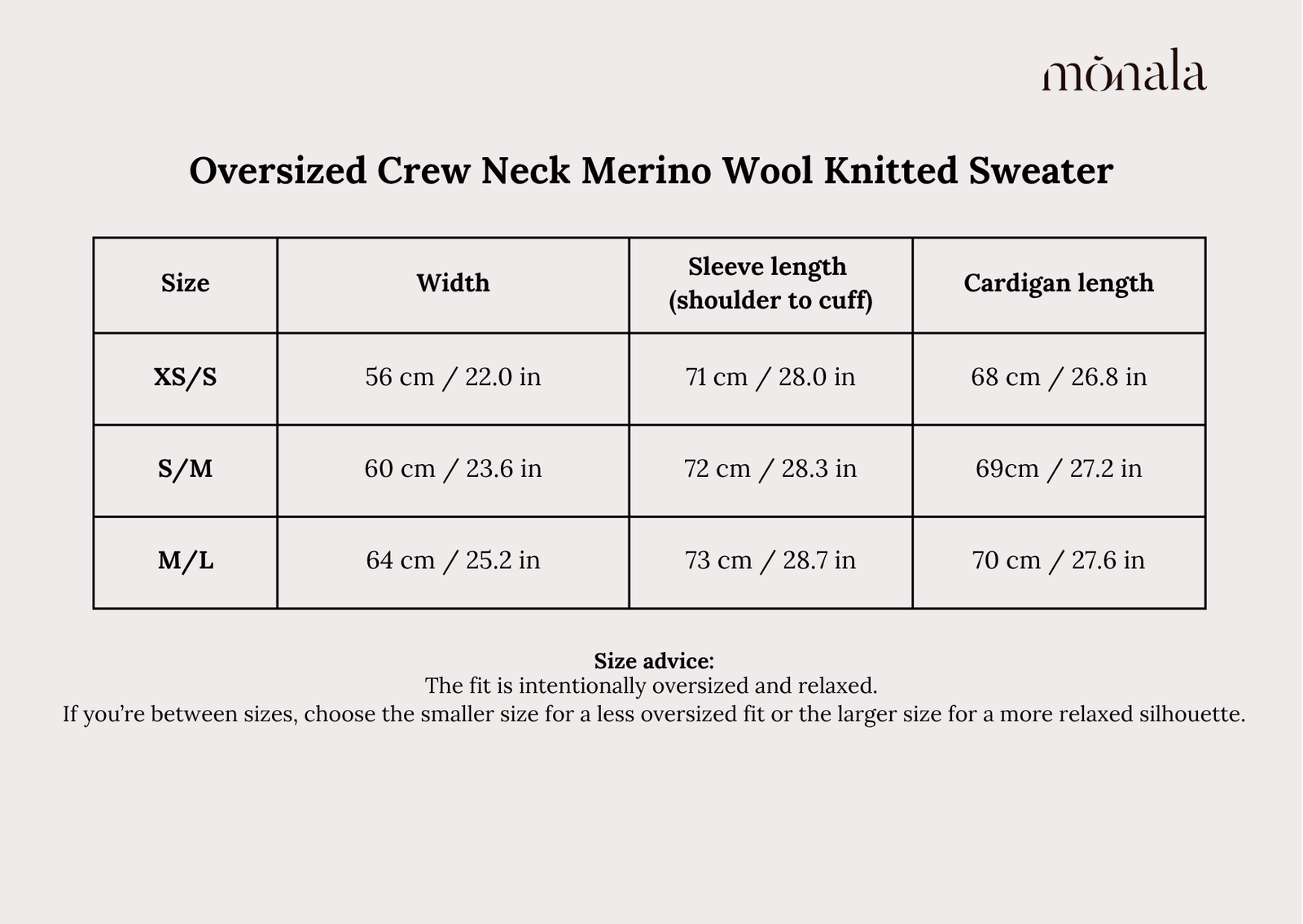 Monala crew neck sweater measurement guide