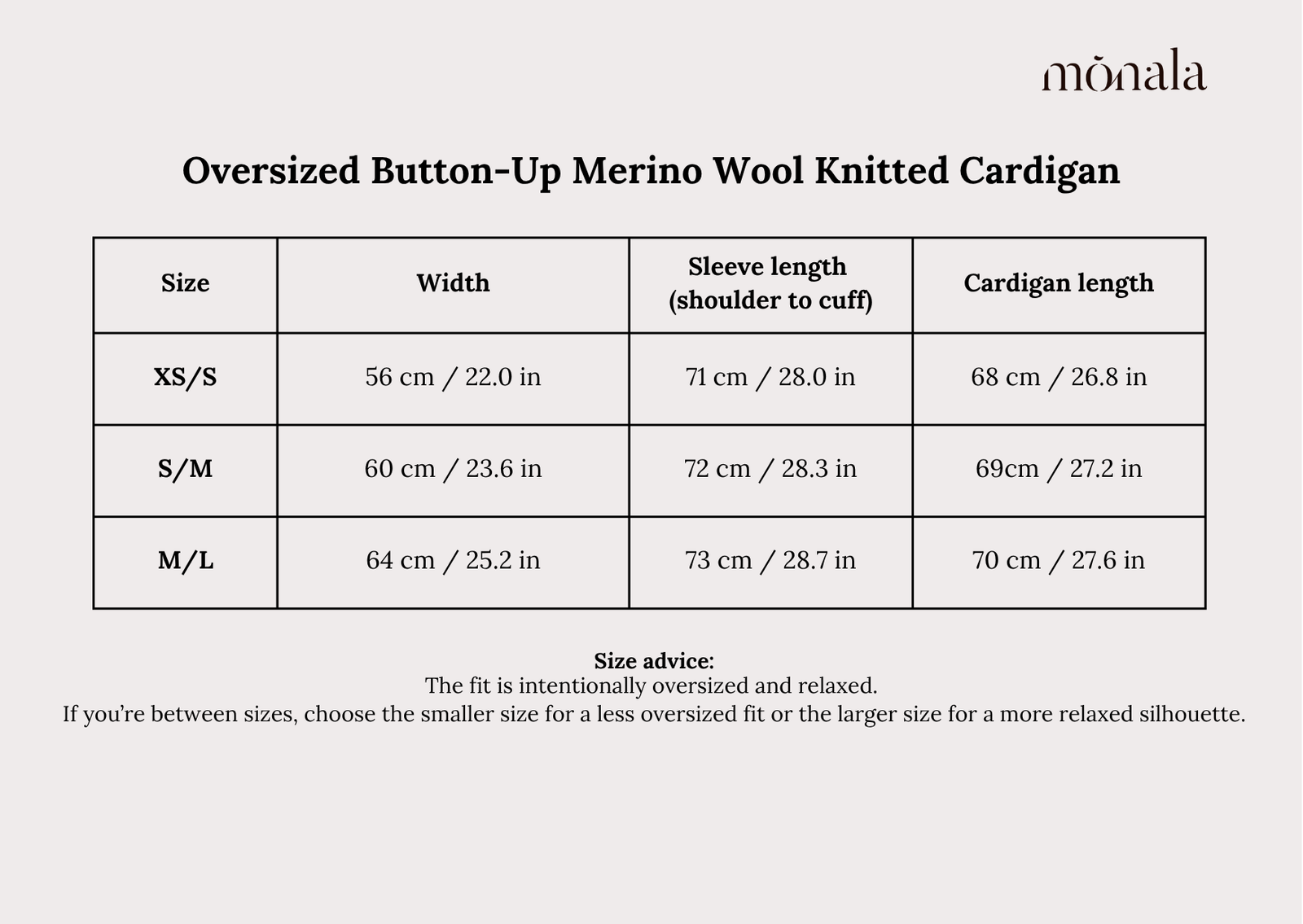 Monala cardigan measurement guide