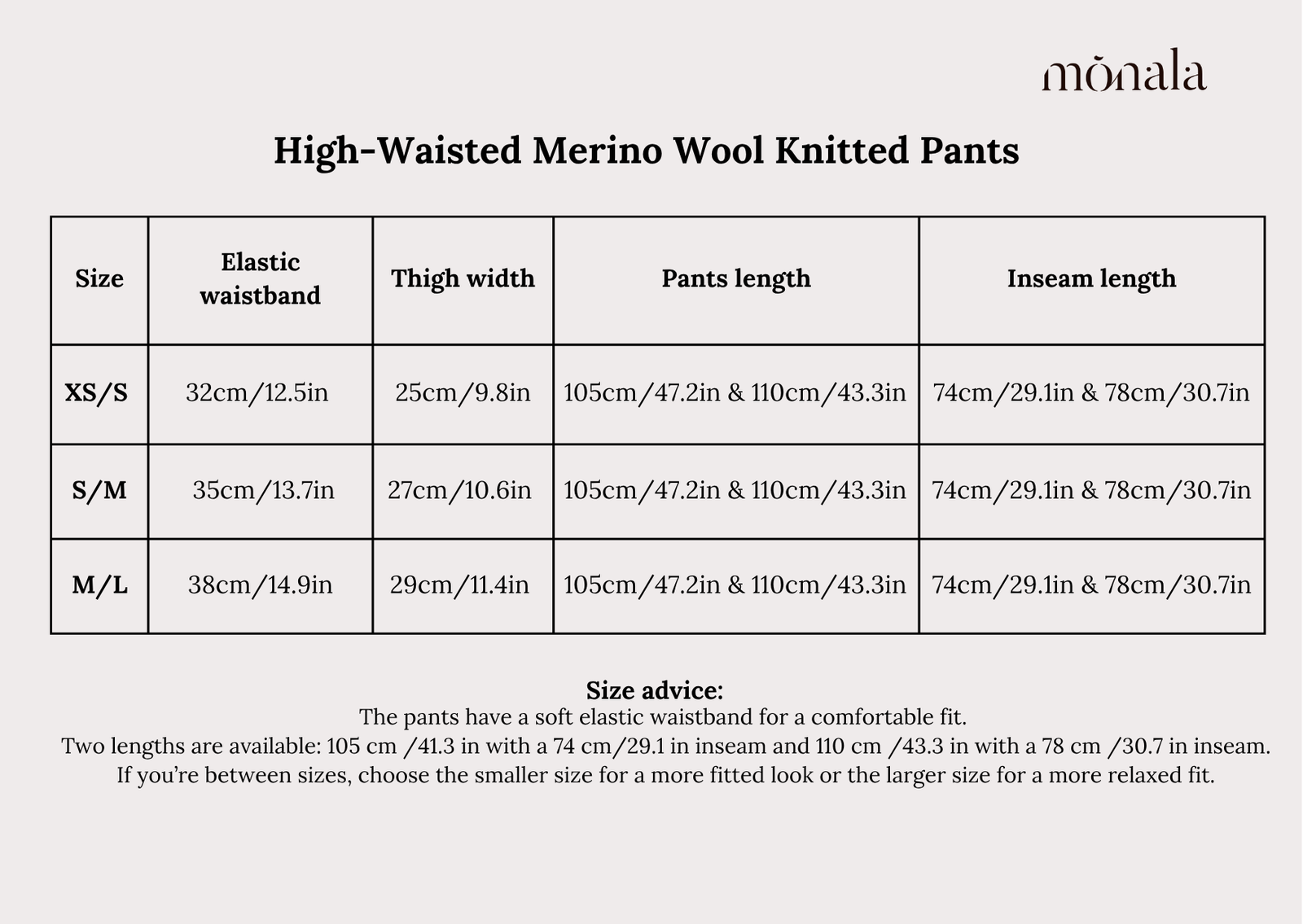 Monala knitted trousers measurement guide