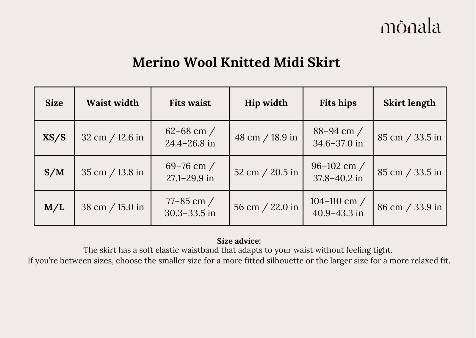 Monala knitted skirt measurement guide