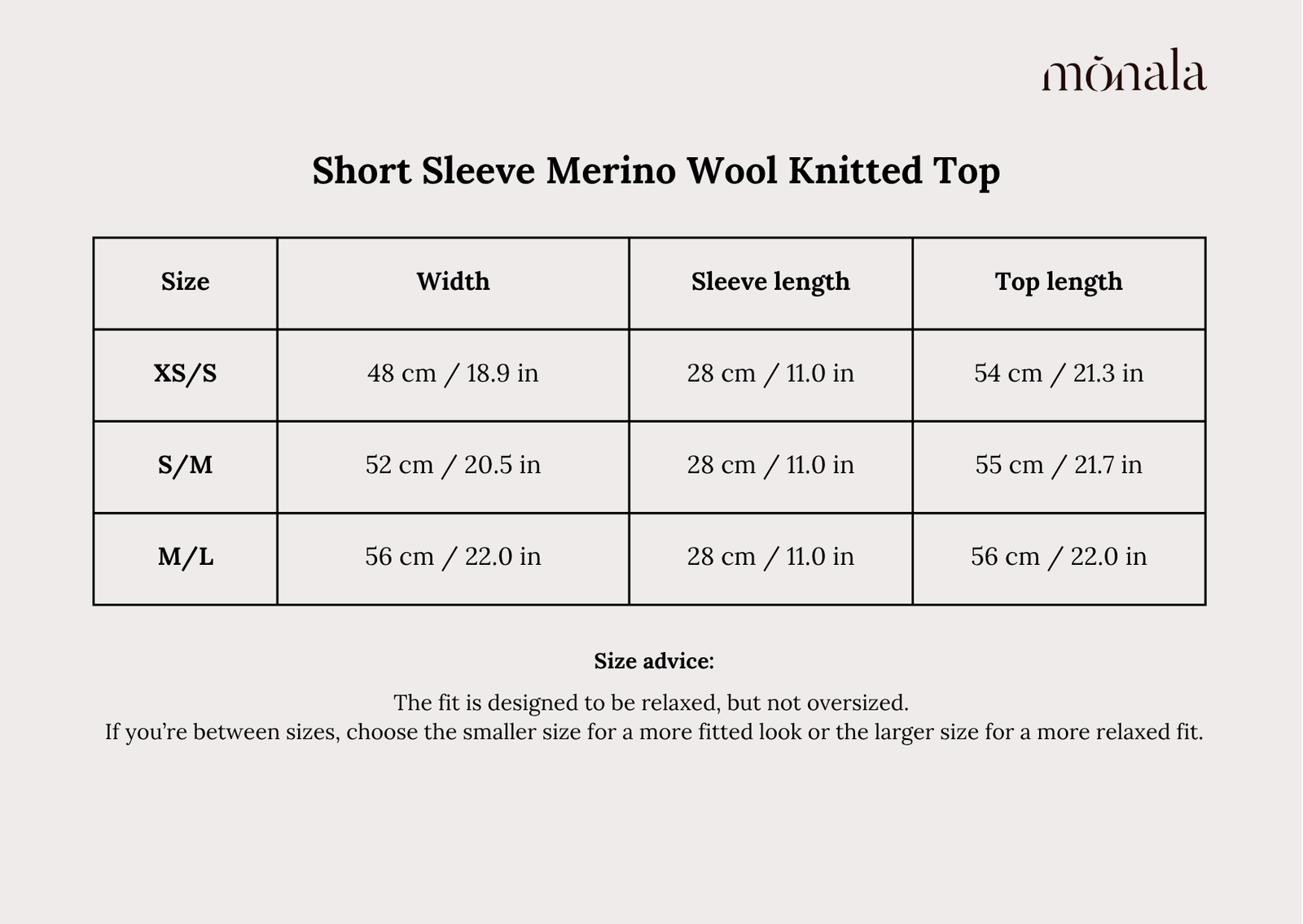 Monala knitted top measurement guide